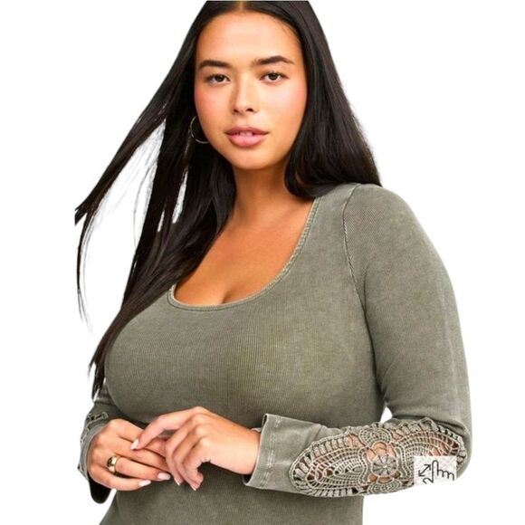 TORRID Plus Size Cotton Modal Green Ribbed Scoop Neck Crochet Long Sleeve Top 3X - Picture 14 of 14